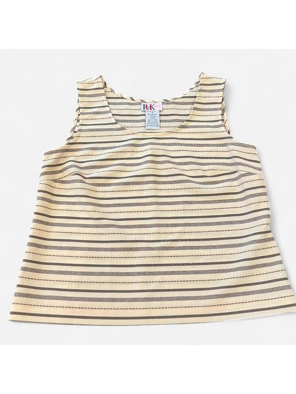 Vintage Y2K Linen Look Striped Tank Top Beige Brown Minimal